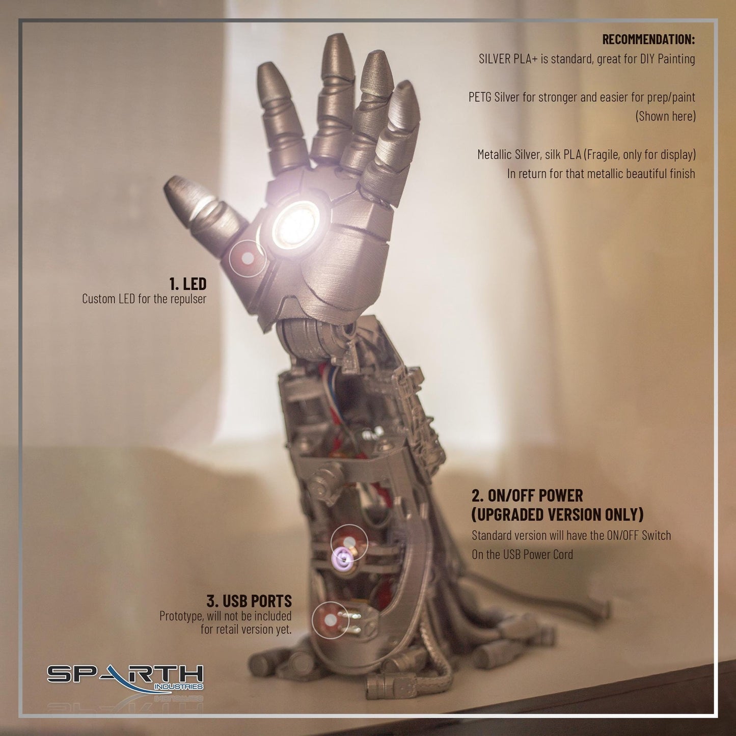 Iron Man Gauntlet Desk Lamp w/ LED kit Articulated 3D Printed Statue Kit Figure Model Decor Bedroom Table Light Lighting Lantern